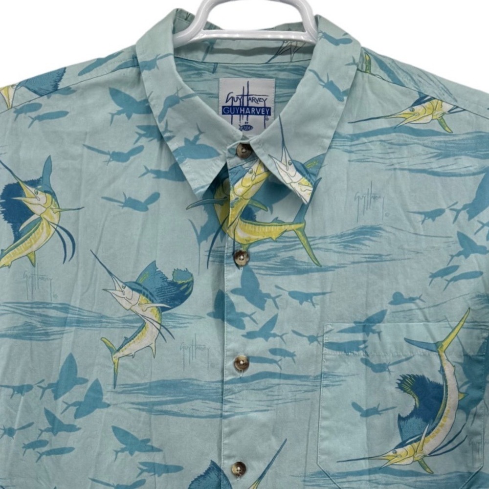 Guy Harvey by AFTCO Mens Large Blue Marlin Sailfish Fishing Shirt Short Sleeve
